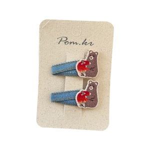 Barrettes à cheveux brodées d'ours et de pomme en denim pour filles, ensemble de deux