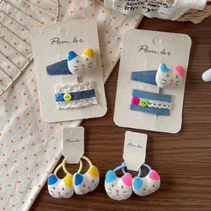 Niedliches Denim-Katzen-Haarclip-Set im koreanischen Stil mit Spitze für Mädchen