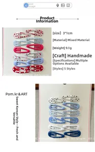 Close-up of floral and polka dot snap hair clips set with detailed enamel finish