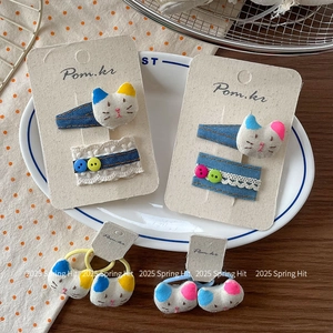 Süße Cartoon Katze Denim Stoff Haarklammern Spitze Knopf Haargummis Set Für Mädchen Kinder Süße Pastorale Haarschmuck