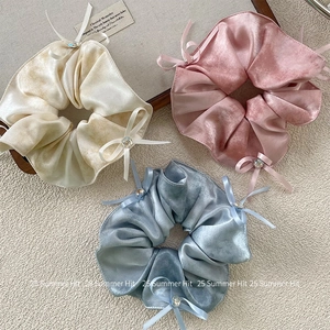 Sweet Korean Style Fabric Bowknot Scrunchies High Elasticity Rhinestone Large Hair Circle Ponytail Holder Headwear For Women Girls