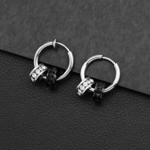 Titanium Steel Hoop Earrings Geometric Pendant Rhinestone Pave Small Circle Elegant Minimalist Jewelry For Daily Women Wear