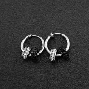 Elegant silver titanium steel hoop earrings with black and white crystal circle pendants