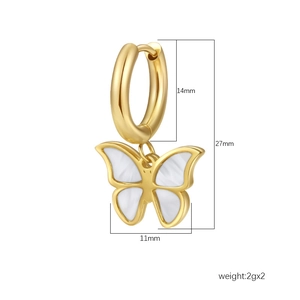 Golden stainless steel hoop earrings with shell butterfly pendants and 18K plating
