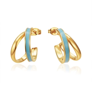 Detail of gold C-shape double hoop earrings featuring sky blue enamel and polished finish