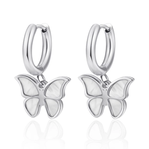 Polished silver stainless steel butterfly hoop earrings with white mother of pearl inlay