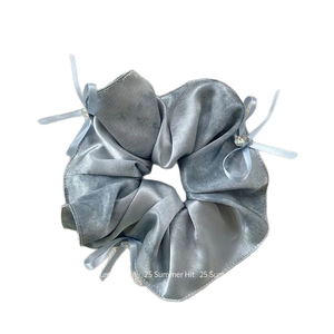 Light blue satin scrunchie with crystal bows for elegant ponytails, 25 Summer Hit design
