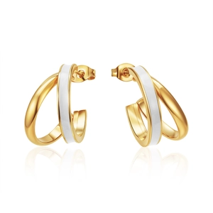 Minimalist gold plated double crossover hoop earrings with white enamel finish