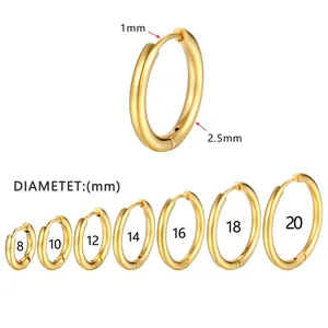 Boucles d'oreilles créoles minimalistes en acier doré de 8 mm à 20 mm de diamètre