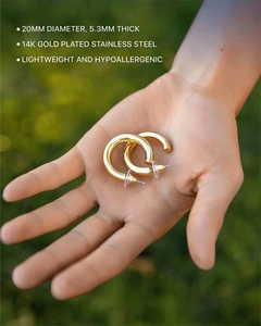 Detail of 20mm 14K gold plated stainless steel hoop earrings with 5.3mm thickness