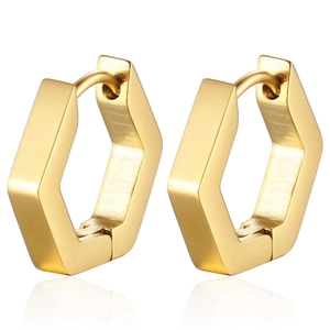 Minimalist geometric hexagon huggie earrings with brushed gold finish for men and women