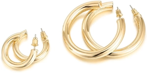 Detail view of two pairs of thick gold titanium steel hoop earrings with mirror finish