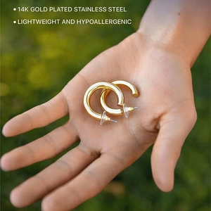 14K gold plated stainless steel chunky hoop earrings with lightweight hypoallergenic design