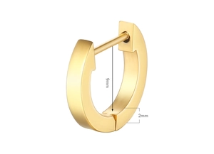 Macro detail of gold titanium steel hoop earrings showing 9mm diameter and 2mm width