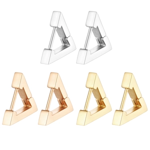 Detailed view of triangular hoop earrings in silver, gold, and rose gold finishes