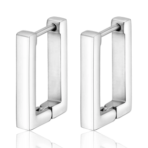 Polished silver stainless steel rectangular hoop earrings with minimalist geometric design