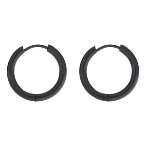 Close-up of minimalist black matte hoop earrings made of durable stainless steel