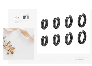 Matte black stainless steel hoop earrings set of 4 pairs shown in detail view