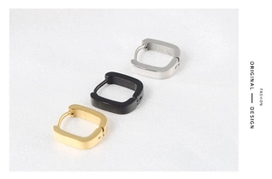 Three pairs of square U-shaped hoop earrings in silver, black, and gold brushed metal