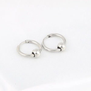 Minimalist silver stainless steel hoop earrings with polished sliding beads for women