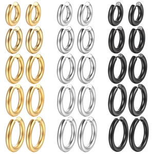 Set of minimalist stainless steel hoop earrings in gold silver and black finishes