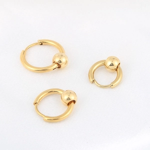 Three-piece set of minimalist gold stainless steel hoop earrings with movable beads