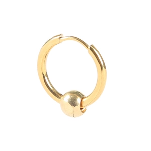 Polished gold stainless steel hoop earring with a sliding ball charm on a white background