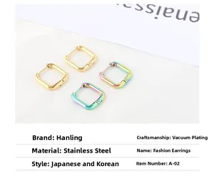Close-up of square stainless steel hoop earrings in gold and rainbow vacuum plating