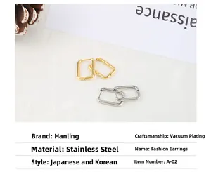 Close-up of geometric square hoop earrings in gold and silver vacuum plated stainless steel