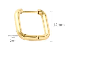 Detailed macro view showing the 14mm height and 2mm thickness of golden square earrings