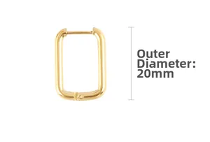 Detailed macro of golden rectangular hoop earring with 20mm outer diameter measurement