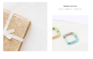 Detailed view of rainbow gradient square hoop earrings with polished metallic finish