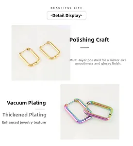 Detail view of rectangular geometric hoop earrings with polished gold and rainbow plating