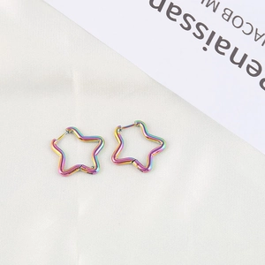 Chic rainbow gradient star shaped hoop earrings made of polished stainless steel for women