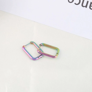 Rainbow plated stainless steel rectangular huggie earrings with minimalist vintage design