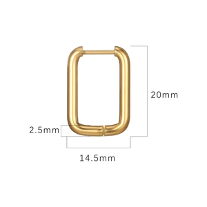 Polished gold stainless steel rectangular hoop earrings with dimensions 20mm x 14.5mm