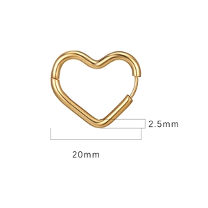 Polished gold heart hoop earrings in stainless steel with 20mm width and 2.5mm thickness