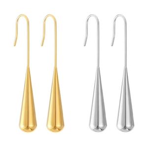 Minimalist stainless steel water drop earrings in polished gold and silver finishes