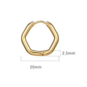 Detailed view of golden 20mm hexagonal stainless steel hoop earring with size dimensions