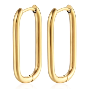 Detailed view of rectangular U-shaped golden stainless steel earrings with polished finish