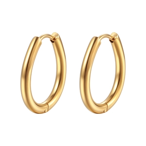 Polished gold-plated stainless steel teardrop hoop earrings for women on a white background