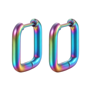 Close-up of rainbow gradient geometric rectangular stainless steel hoop earrings pair