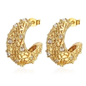 Luxurious 18k gold plated C-shape hoop earrings with woven texture and sparkling zircon