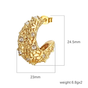 18k gold plated C-shaped earrings with woven texture and crystals, 24.5mm height