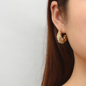 Luxury 18k gold plated stainless steel earrings with rock texture and zircon stones