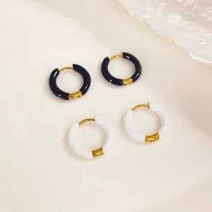 French vintage 18K gold plated hoop earrings with black and white enamel details