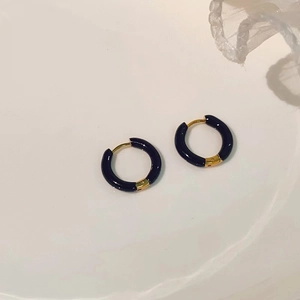 French vintage black enamel hoop earrings with 18K gold plated stainless steel