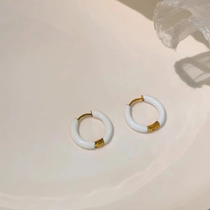 Vintage French hoop earrings with white enamel inlay and 18K gold plated steel