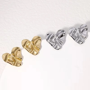 Minimalist Stainless Steel Heart Stud Earrings For Women Wrinkled Liquid Metal Style Gold Steel Color Fashion Jewelry Gift