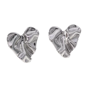Minimalist silver pleated heart stud earrings with liquid metal texture for women